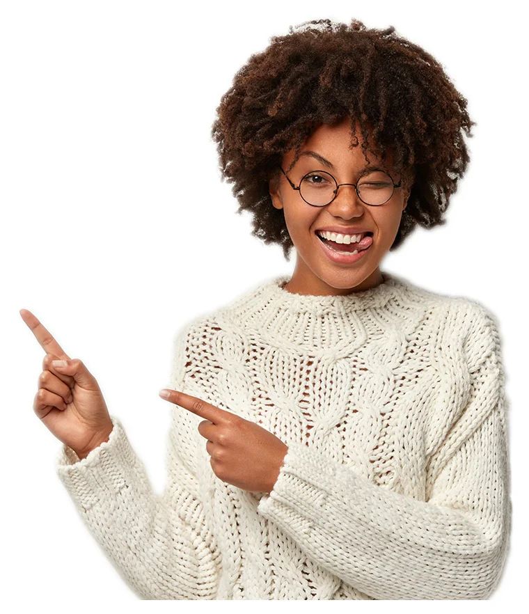 Smiling woman pointing to the request form